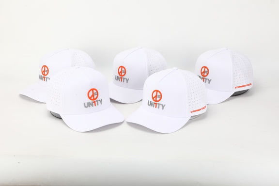 Waterproof snapback hat in white UN1TY performance cap with adjustable fit