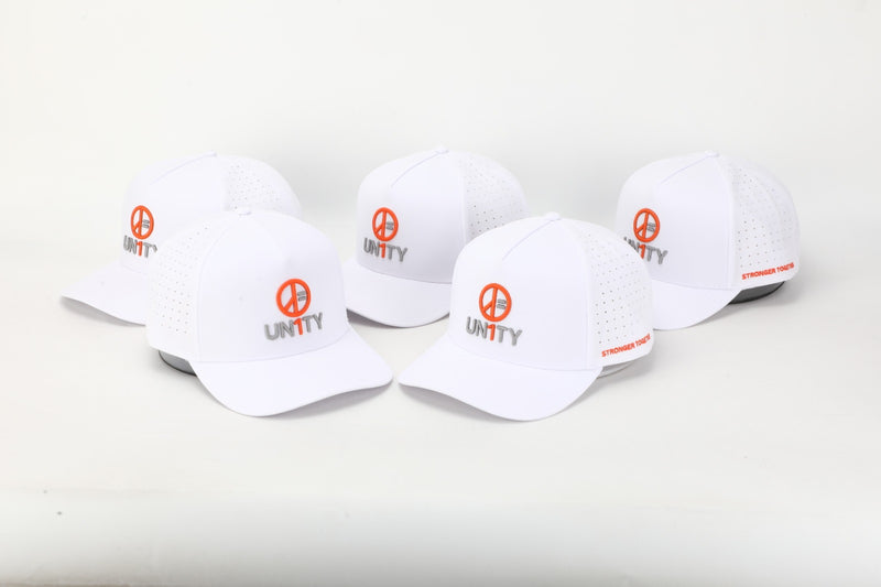 Waterproof snapback hat in white UN1TY performance cap with adjustable fit